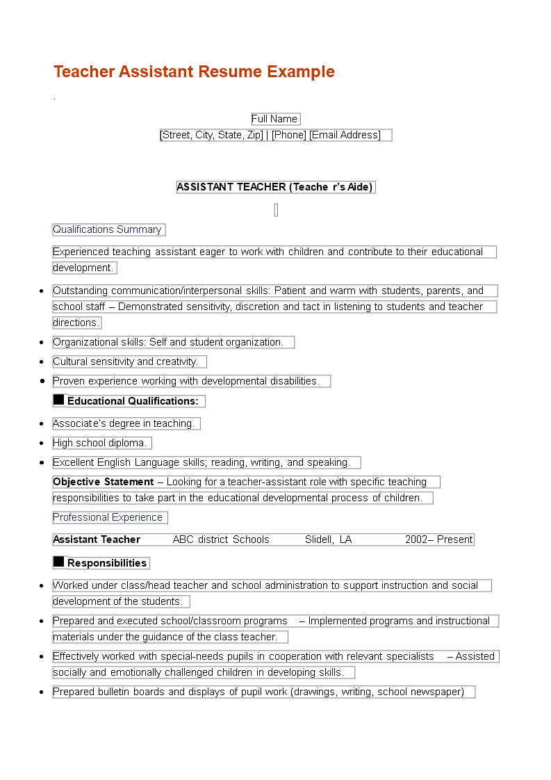 objective for resume examples for teacher assistant