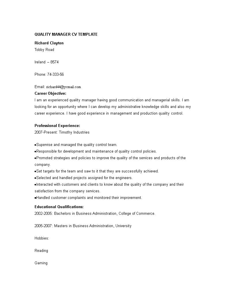quality manager cv sample template