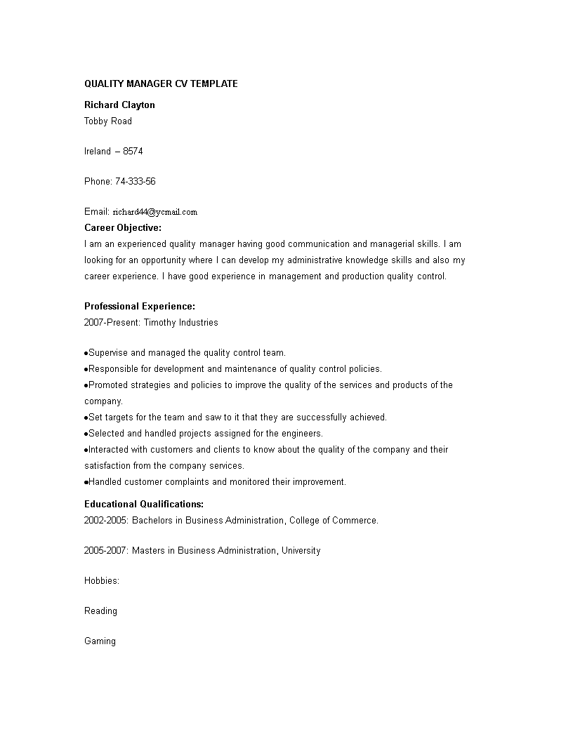 quality manager cv sample modèles