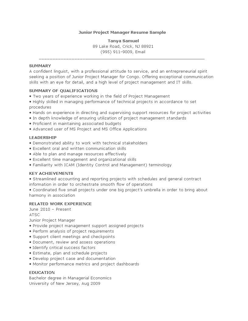 junior project manager resume template