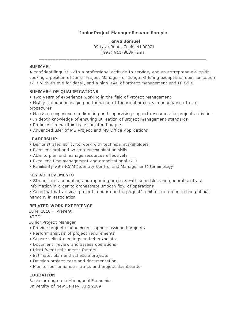 junior project manager resume modèles