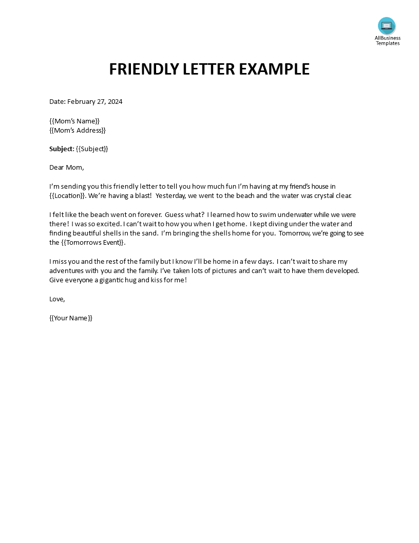 Friendly Letter Format To Mom  Templates at allbusinesstemplates