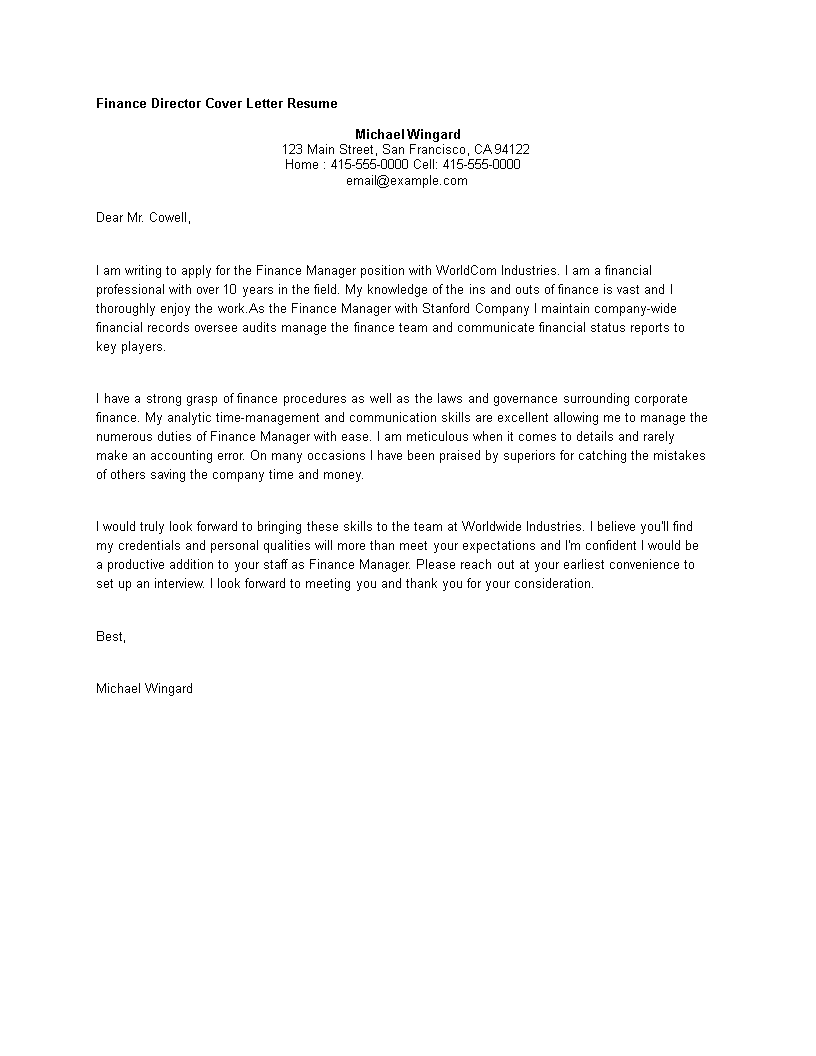 finance job cover letter template