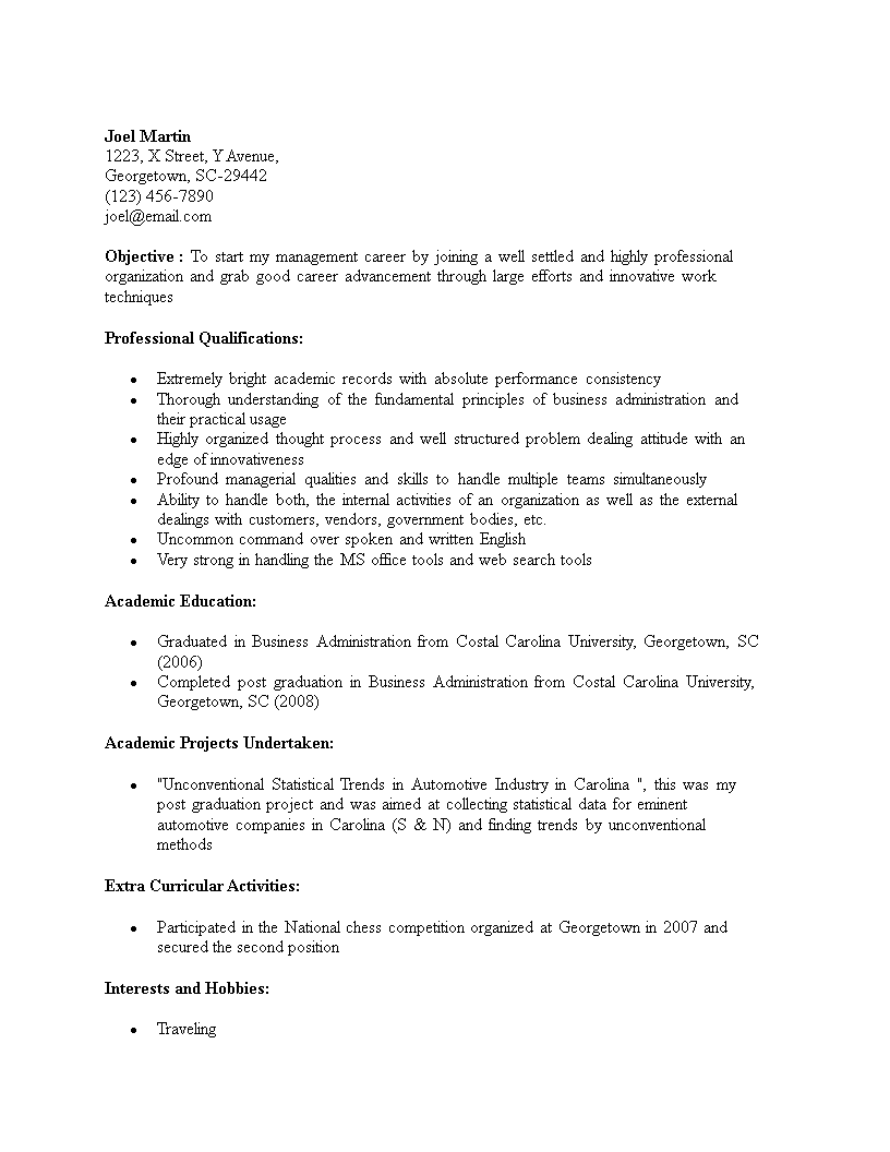 sample resume objective for business management