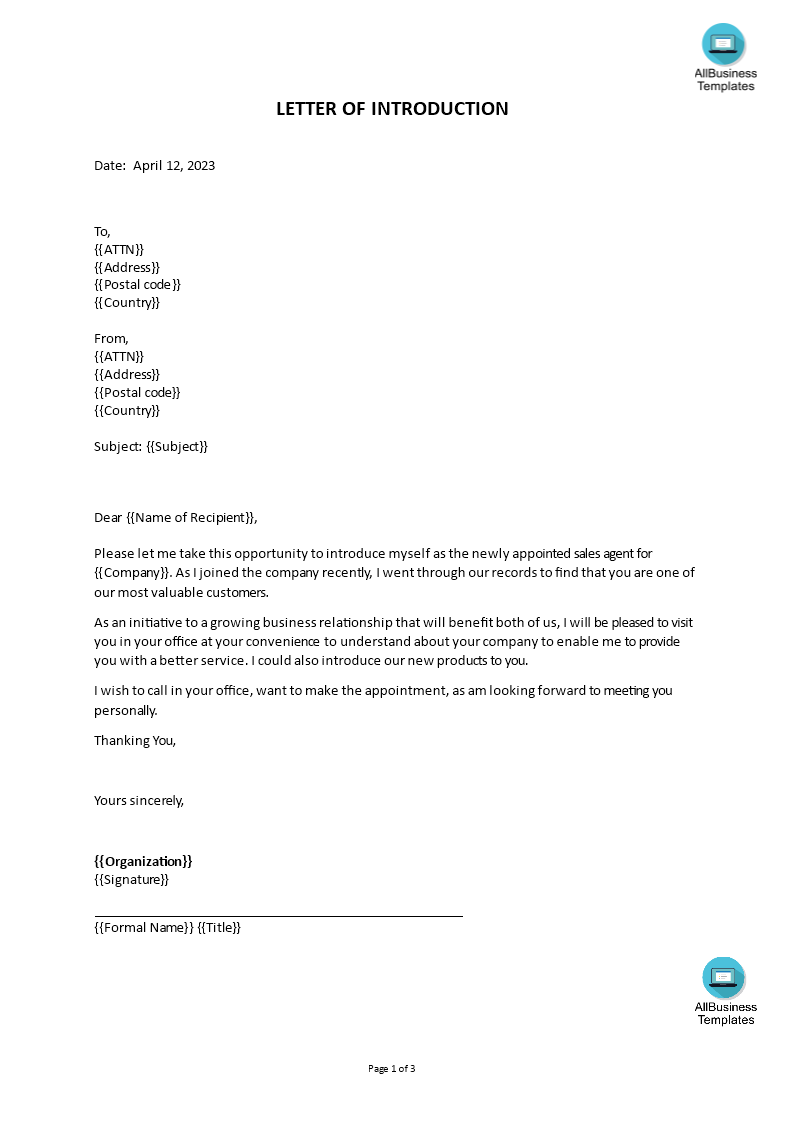self introduction letter for job Hauptschablonenbild