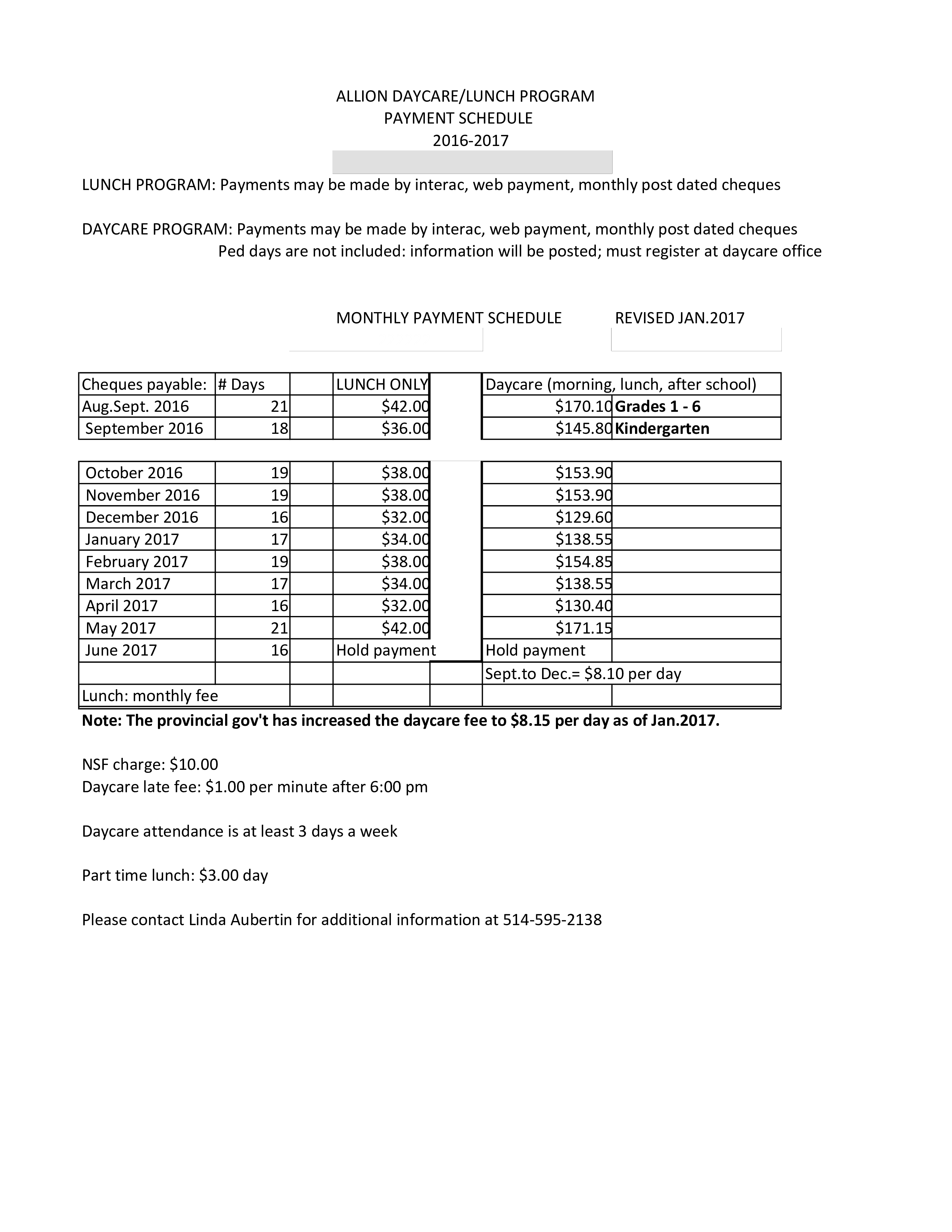 Daycare Lunch Program Payment Schedule Sample 模板