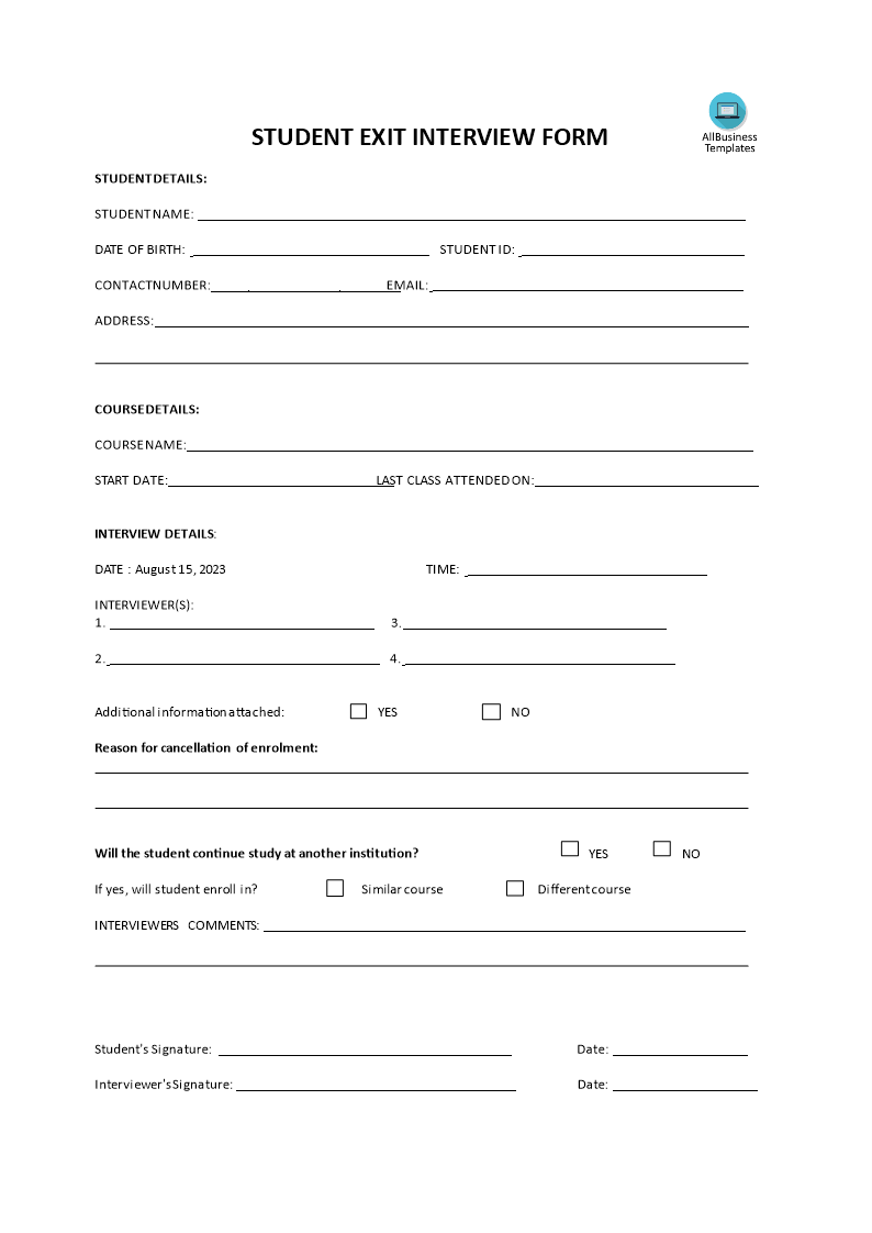 Student Exit Interview Form 模板
