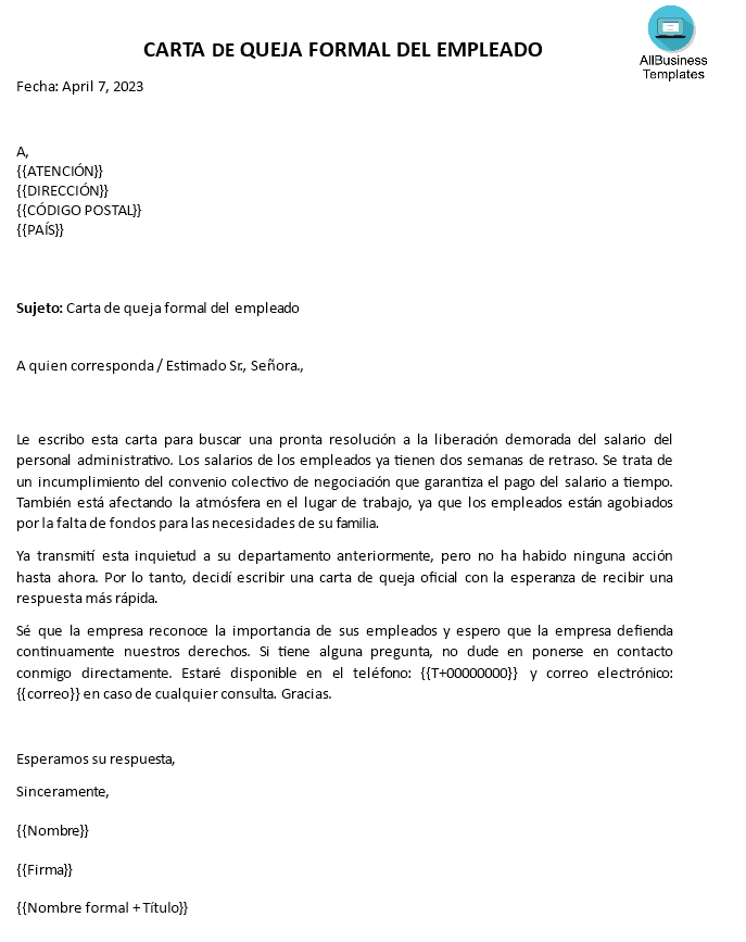carta de queja al jefe gerente empleador Hauptschablonenbild
