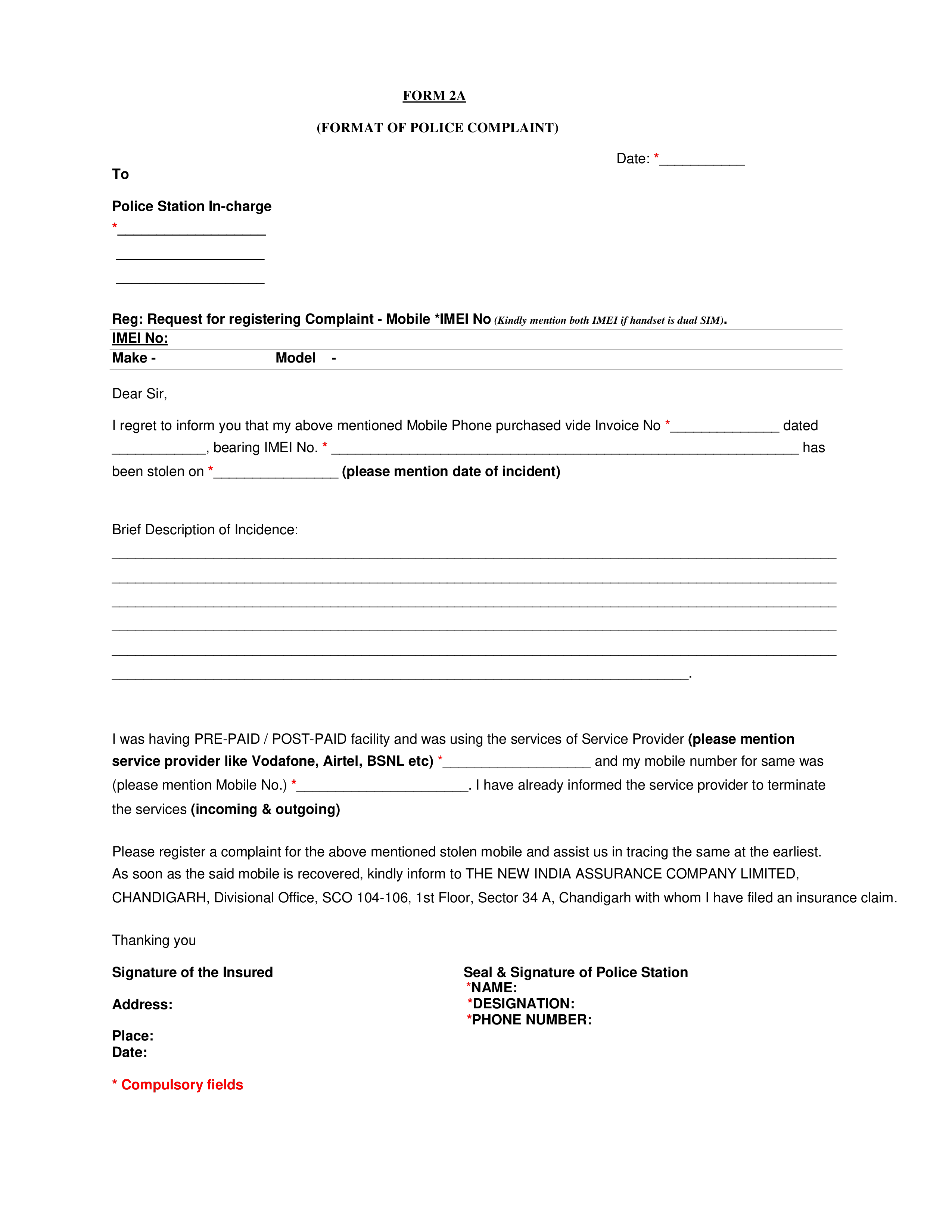 police complaint letter Hauptschablonenbild