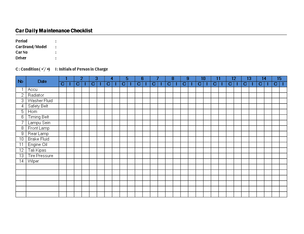 Car Daily Maintenance Checklist 模板