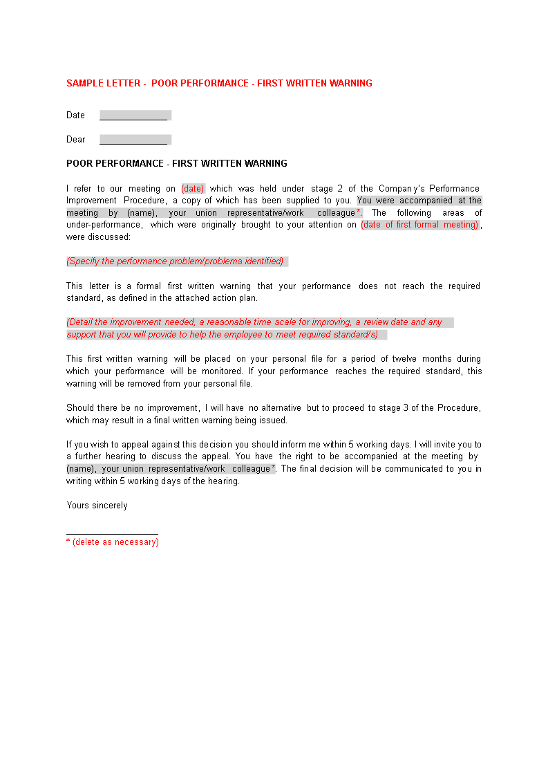 first warning letter for poor performance template