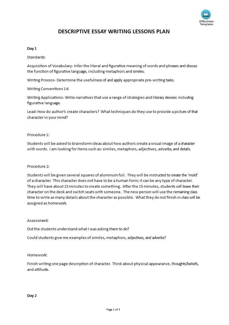 descriptive essay writing class template