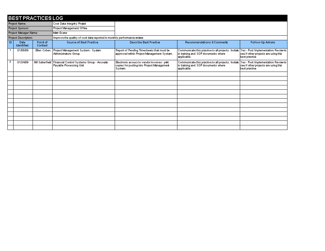 green belt six sigma project best practices log template