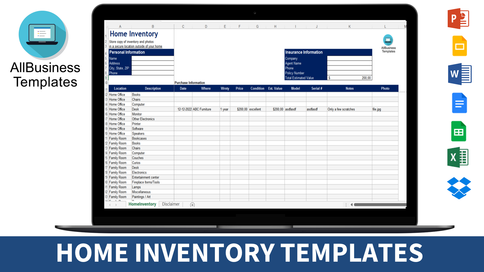 excel home inventory template