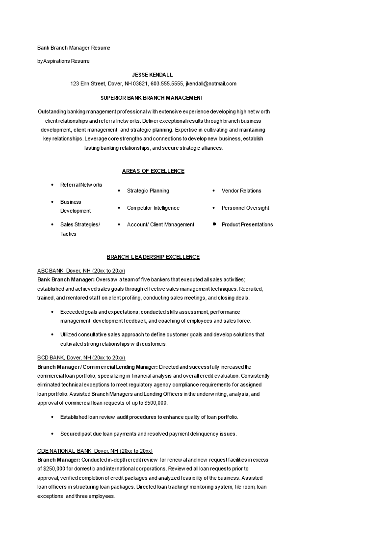 bank branch manager cv template