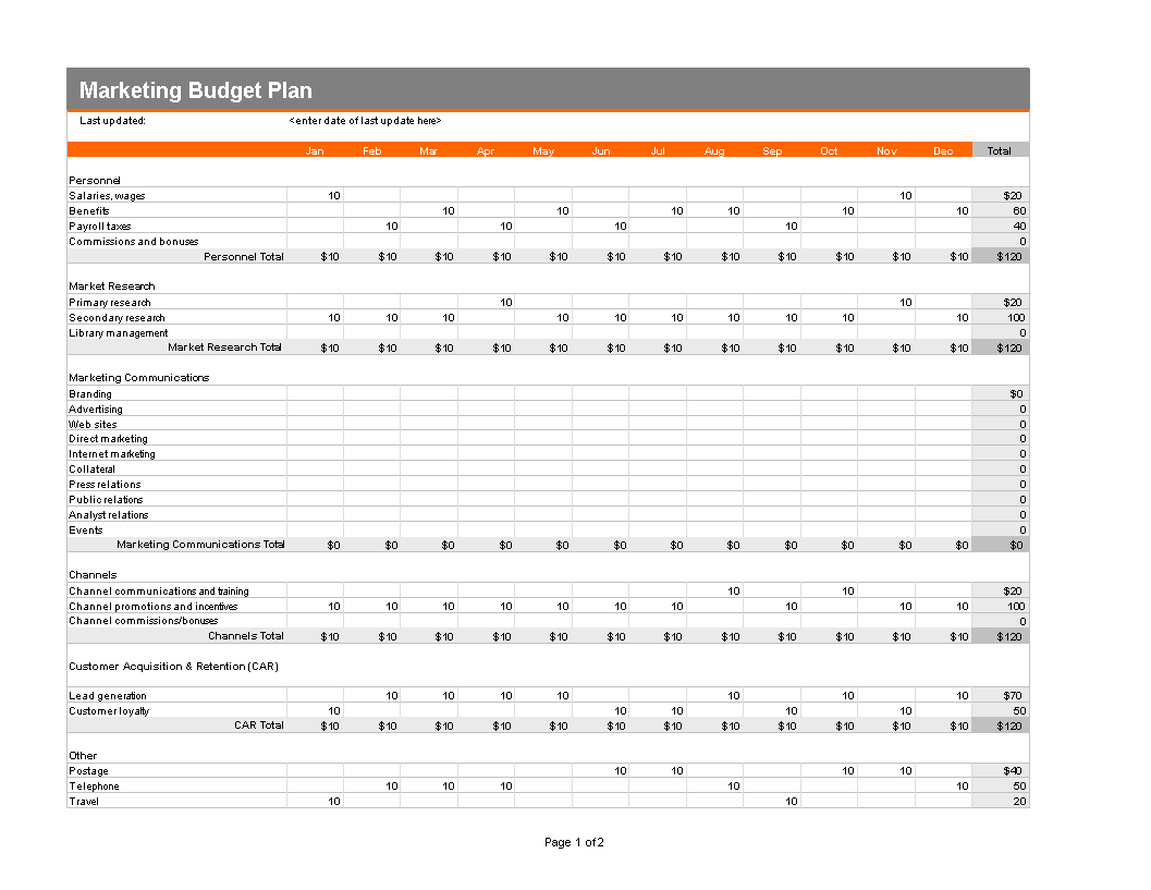 Marketing Plan Budget 模板