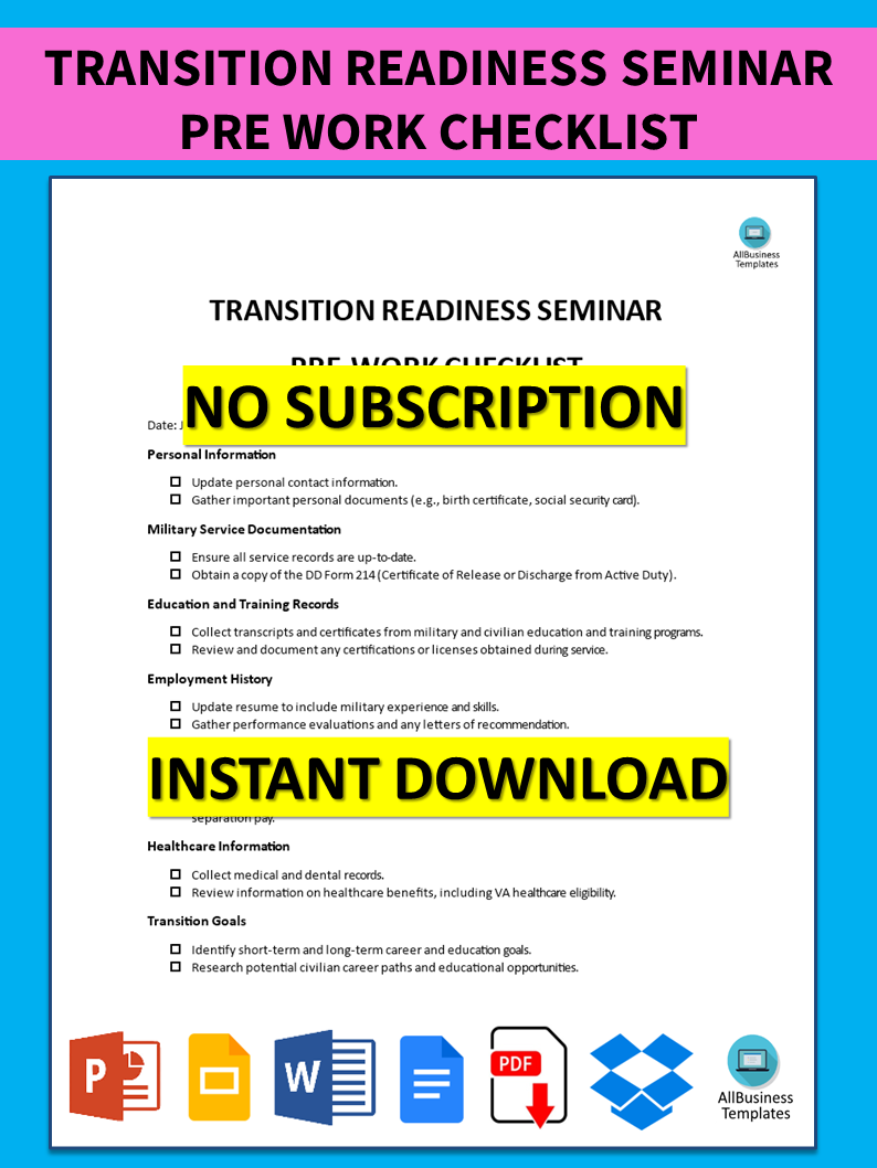 Transition Readiness Seminar Pre Work Checklist 模板