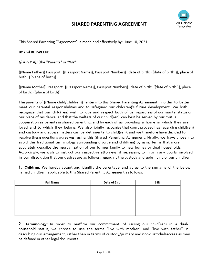 Shared Parenting Agreement - Modèle Professionnel Throughout free joint custody agreement template