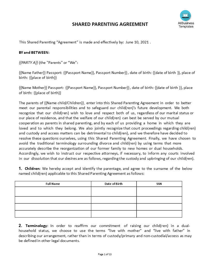 shared parenting agreement template