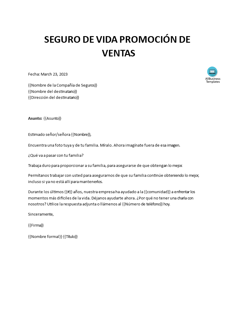 carta de seguro de promoción de ventas voorbeeld afbeelding 