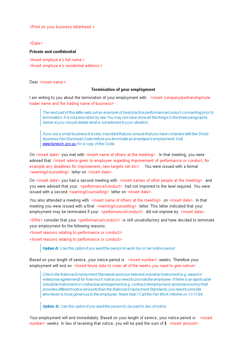 job termination letter employee template