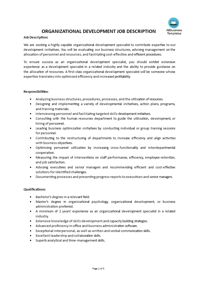 organizational development job description template