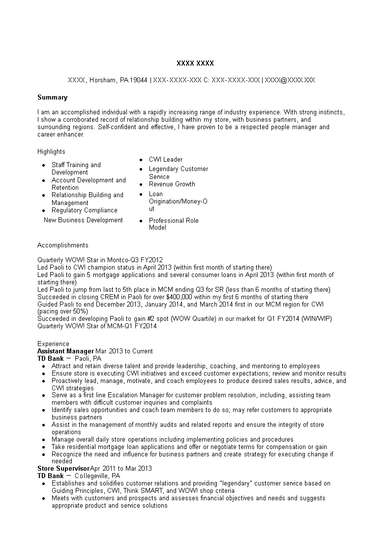 bank assistant manager resume template