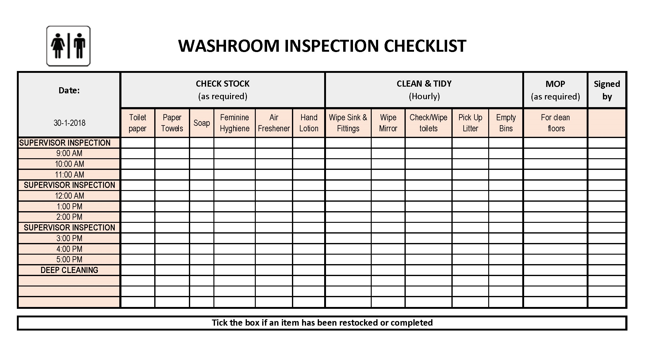 Printable Daily Toilet Cleaning Checklist Excel