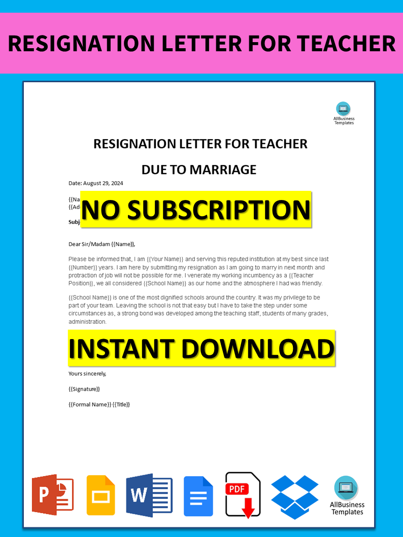 resignation letter for teacher due to marriage template