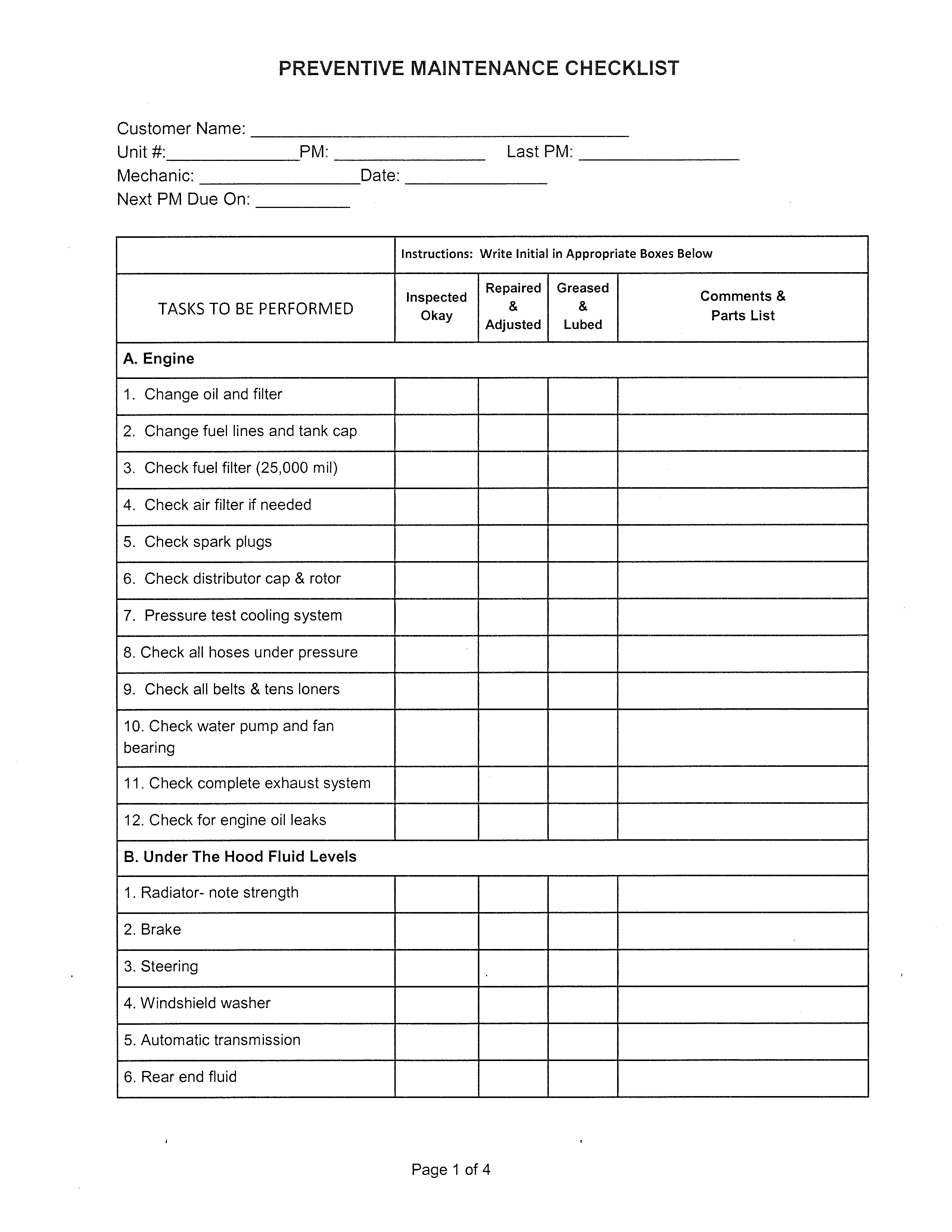 Car preventive maintenance schedule 模板