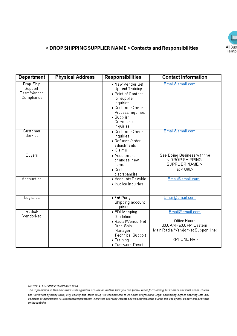 drop shipping contacts and responsibilities sheet template