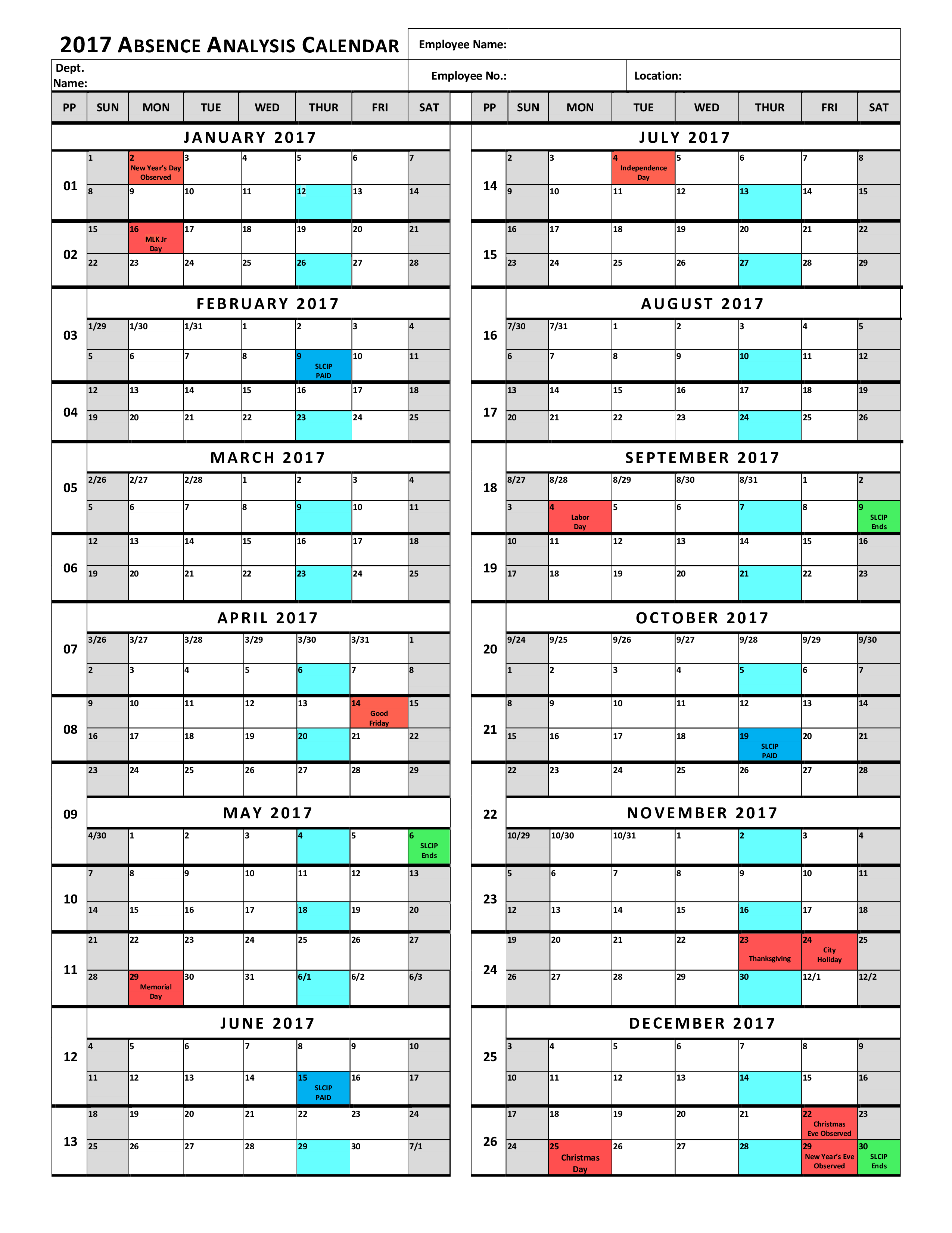 Absence Calendar 模板