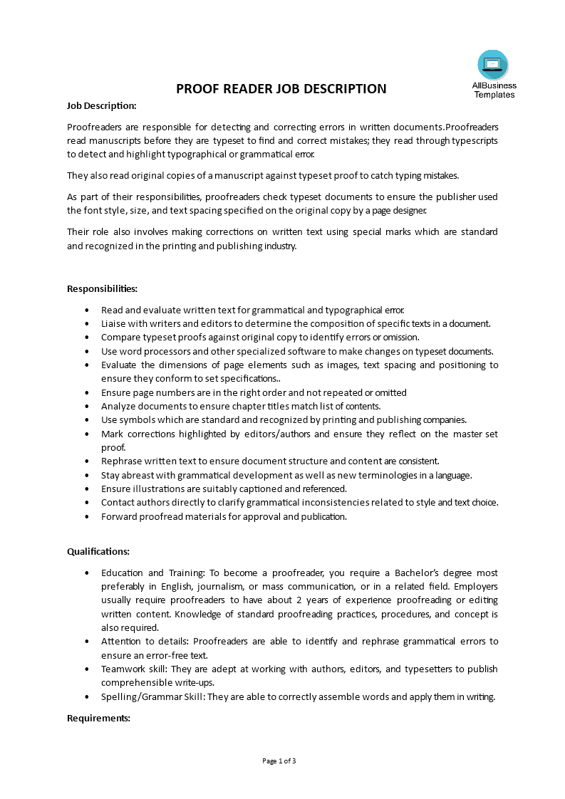 proof reader job description template