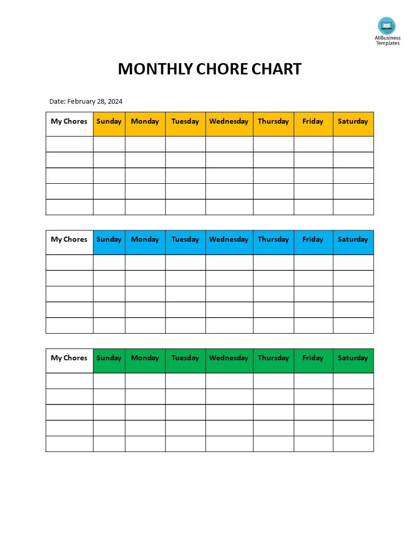Monthly Chore Chart For Kids 模板