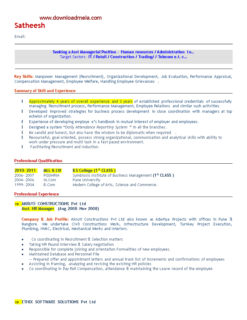 Assistant Human Resource Manager Resume Format main image