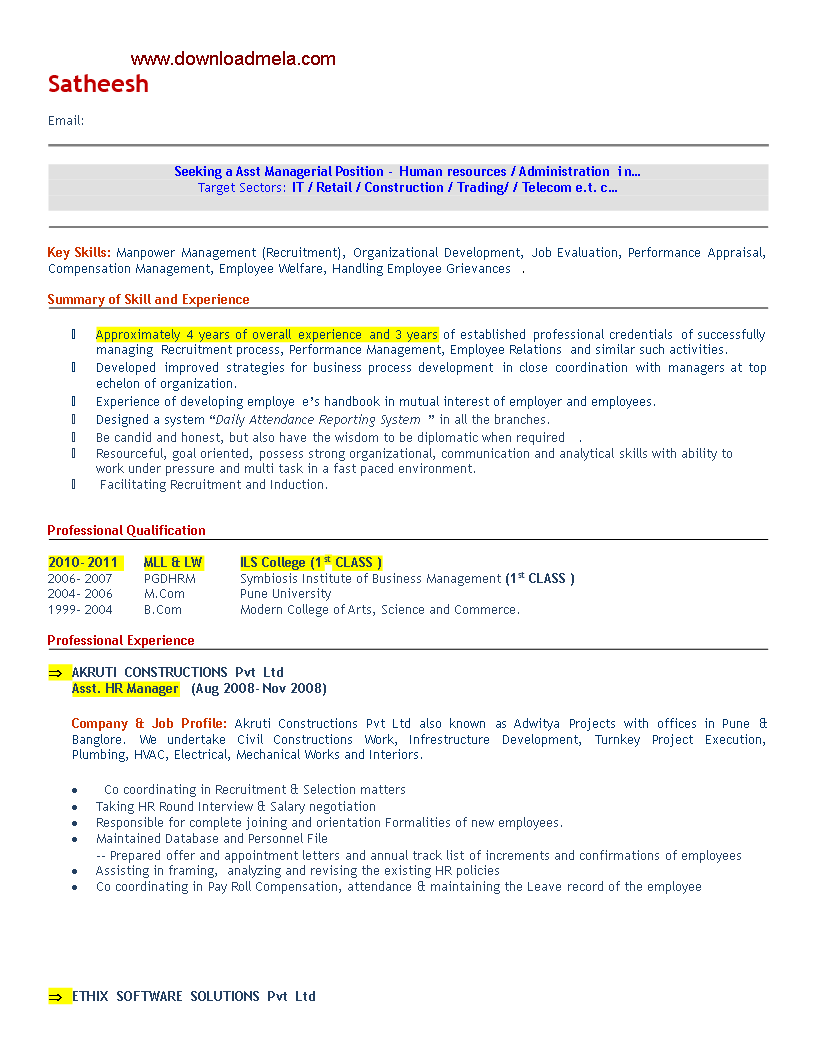 assistant human resource manager resume format template