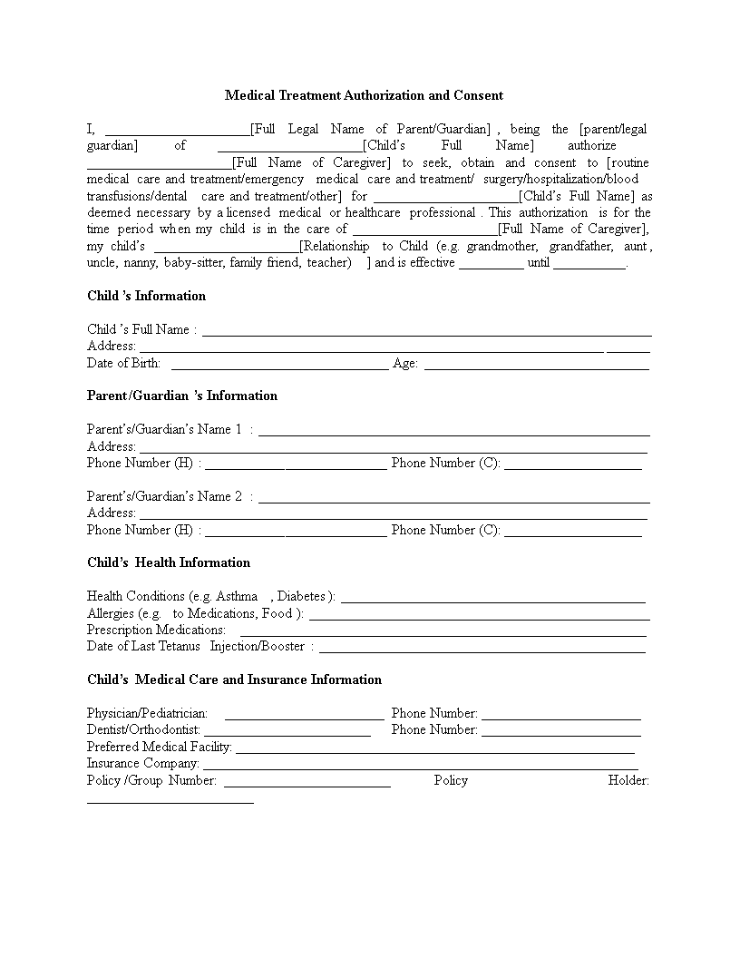 child medical consent form modèles