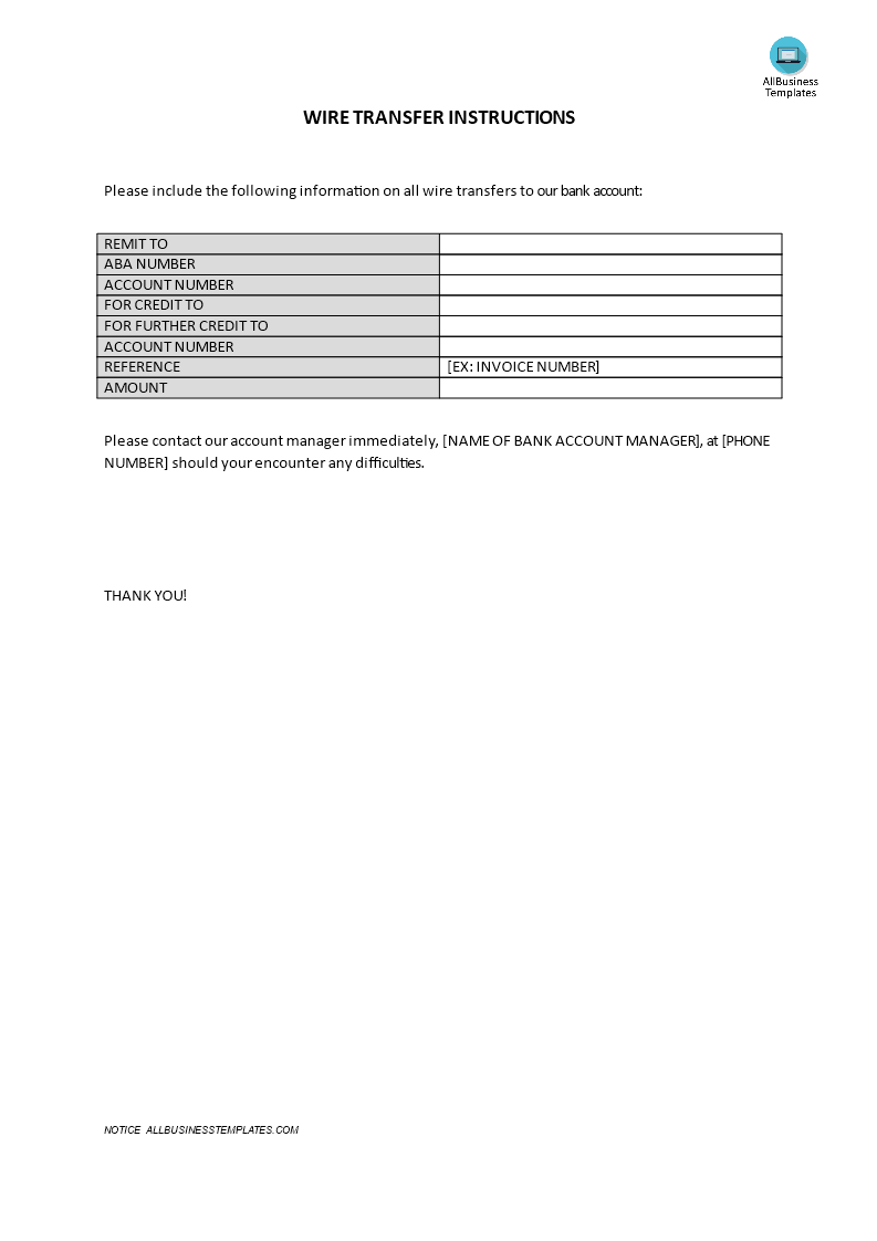 Wire transfer instructions template