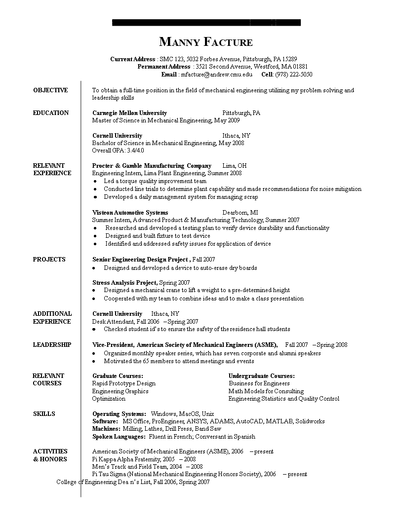 mechanical engineering curriculum vitae template modèles