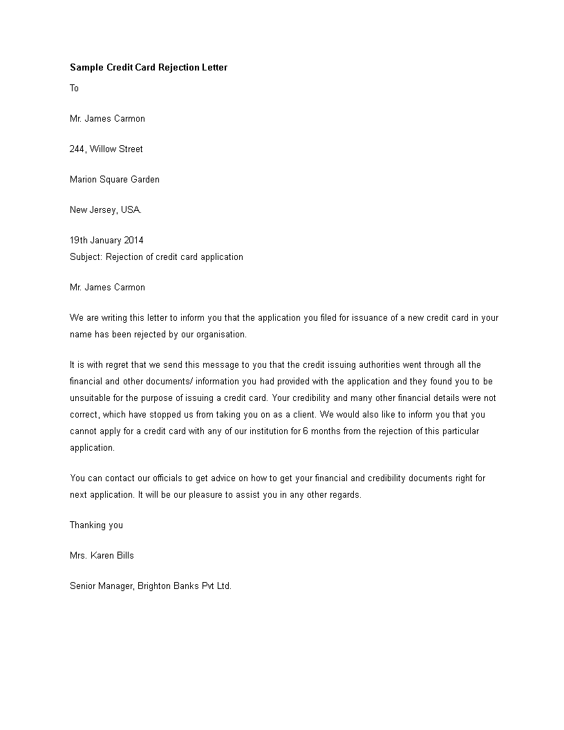 credit card rejection letter template