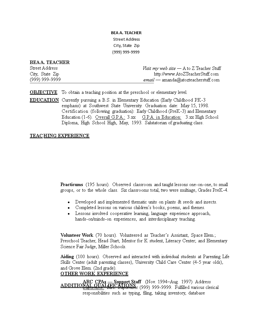 sample resume for teacher without experience Hauptschablonenbild