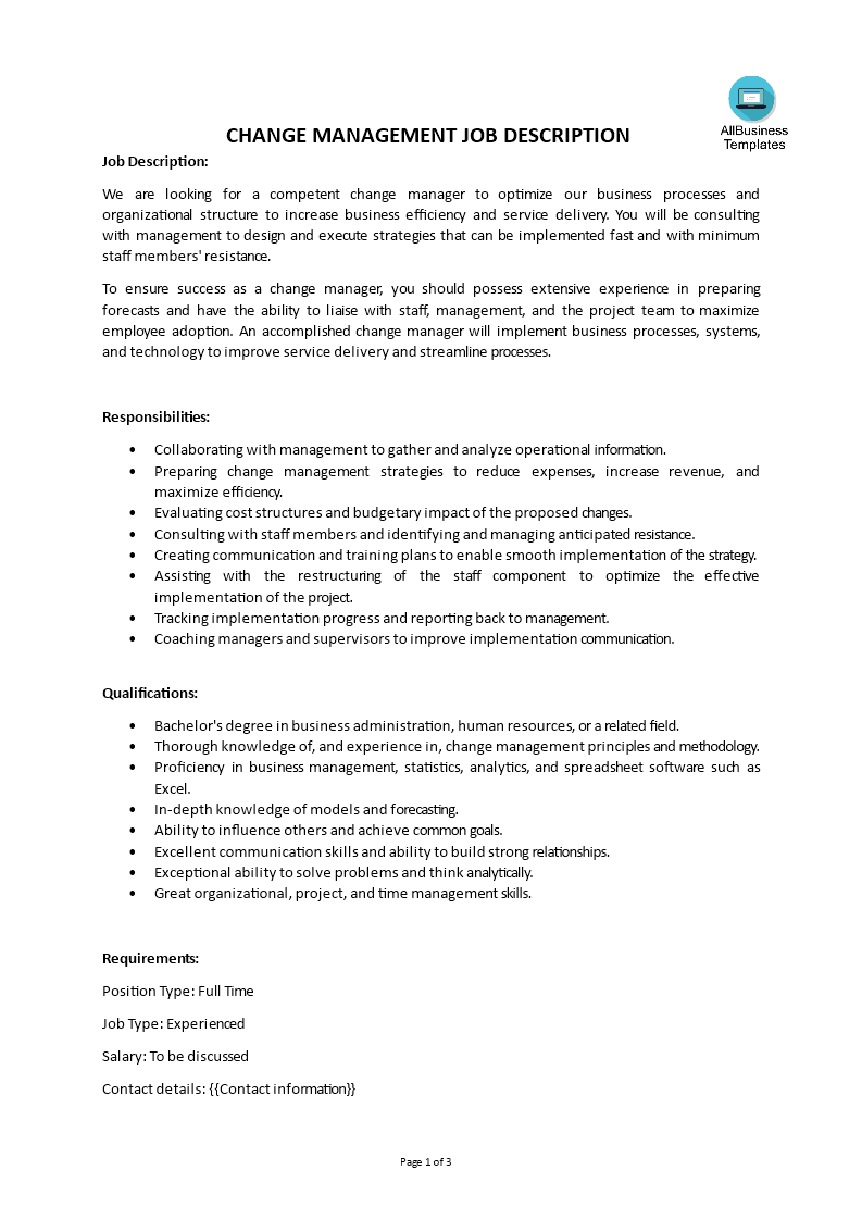 change management job description modèles