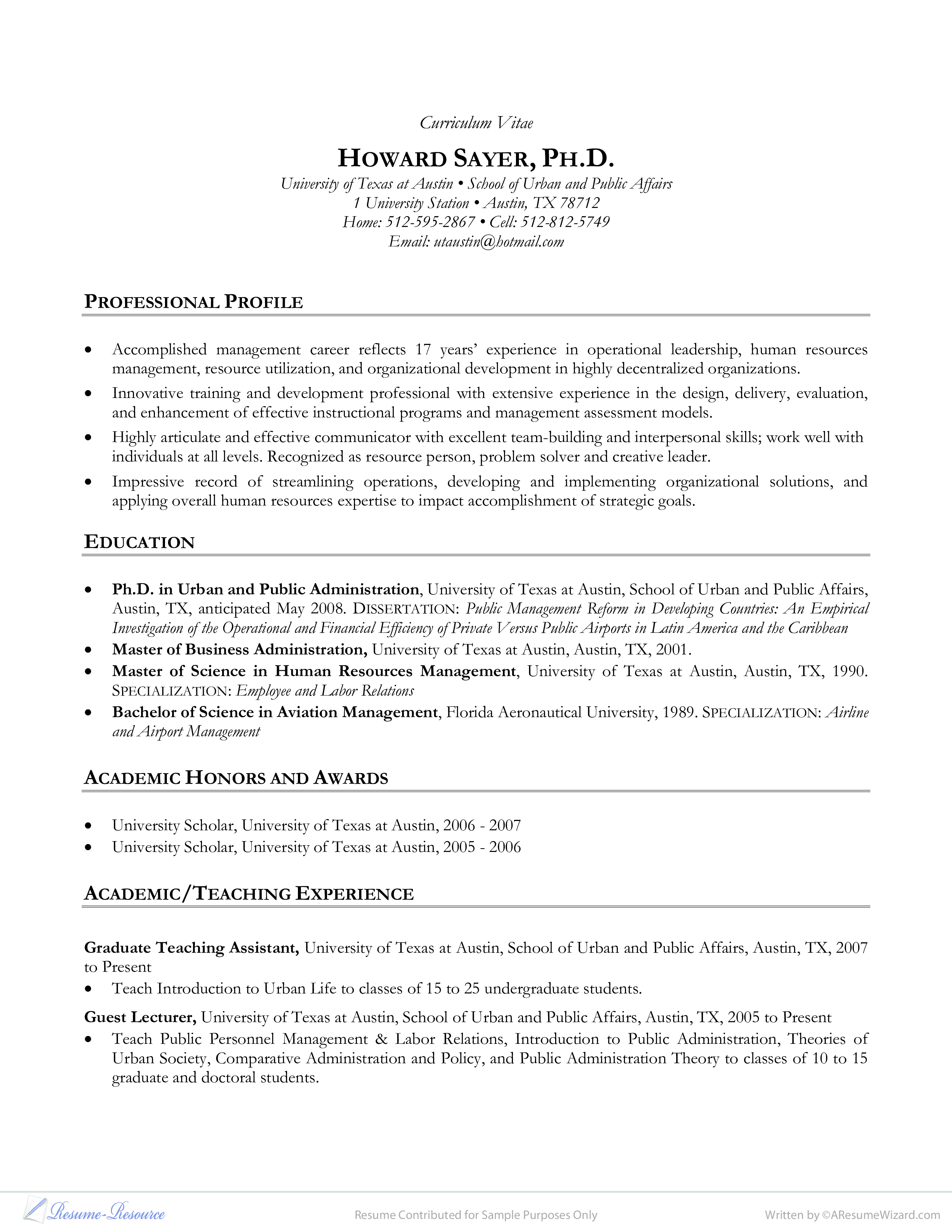 curriculum vitae human resources manager template