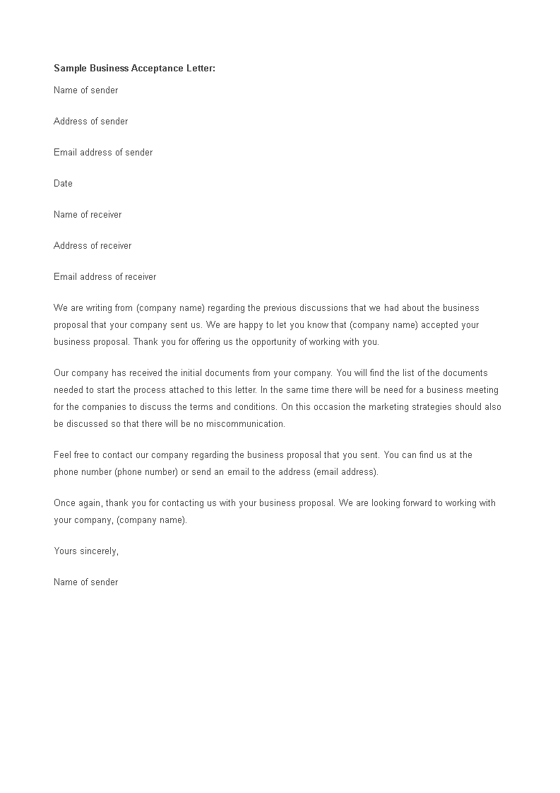 business proposal acceptance letter format template