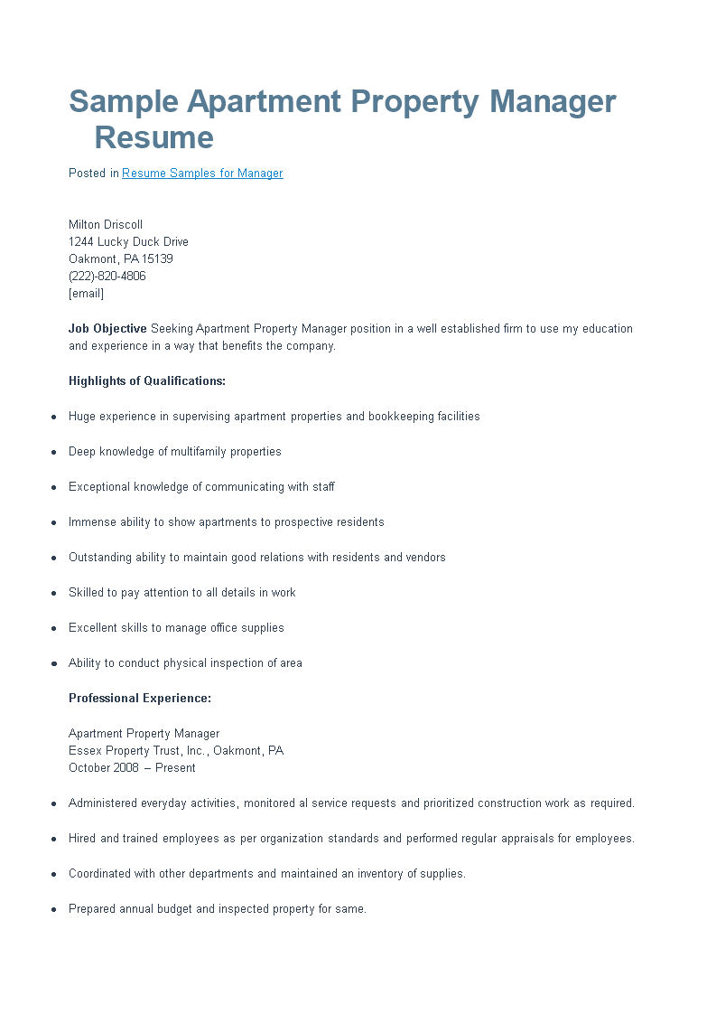 apartment property manager resume template