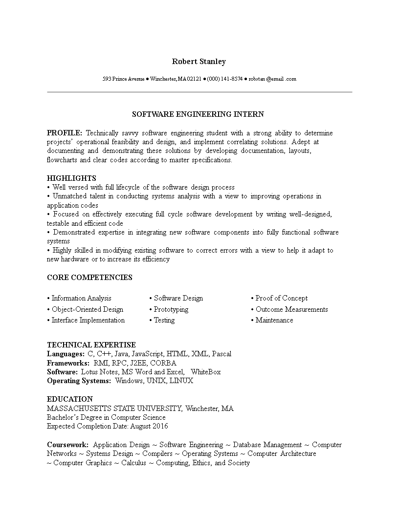 Sample Software Engineering Internship Resume 模板