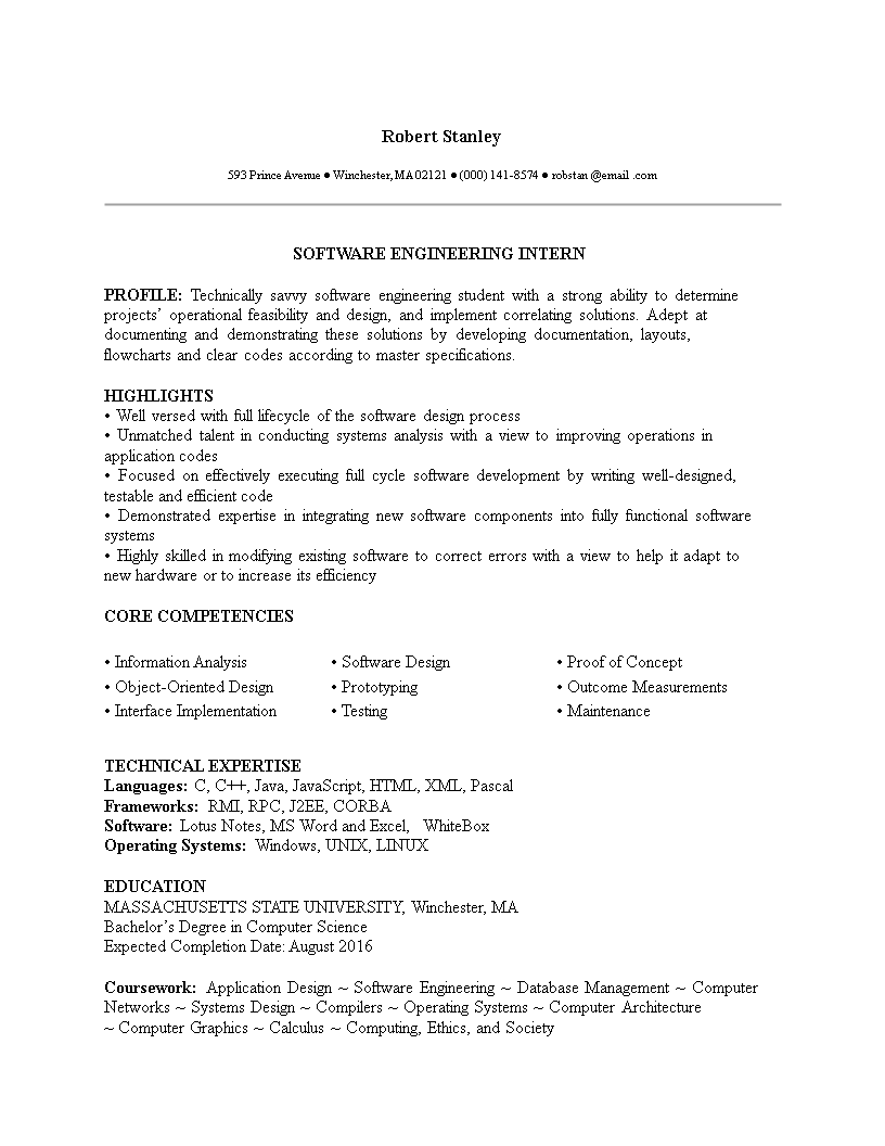 sample software engineering internship resume template