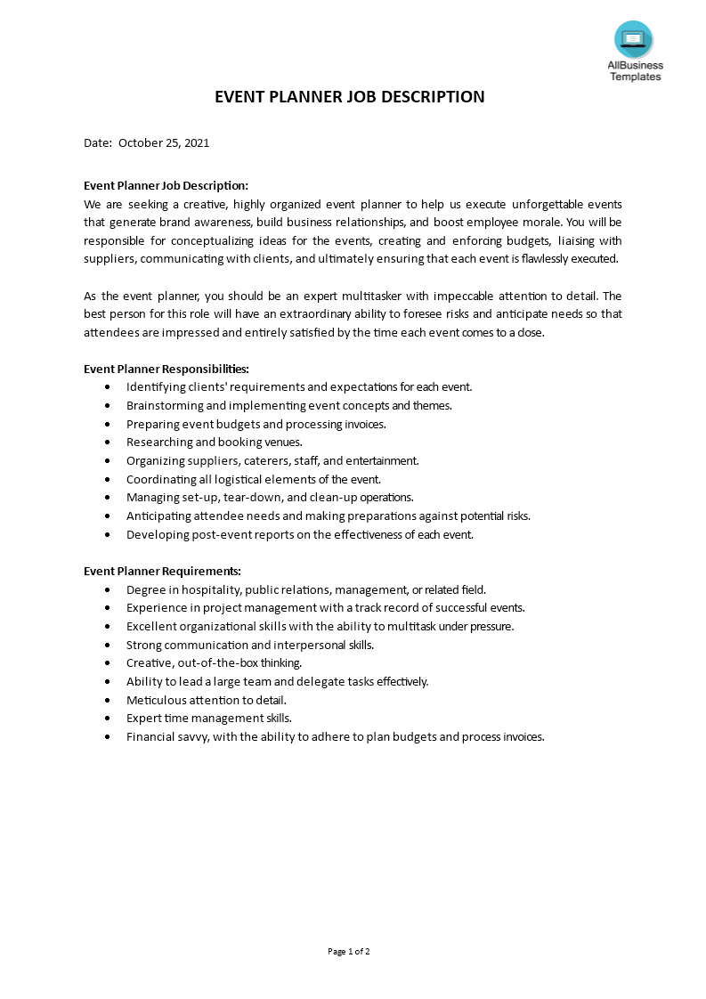 event planner job description modèles