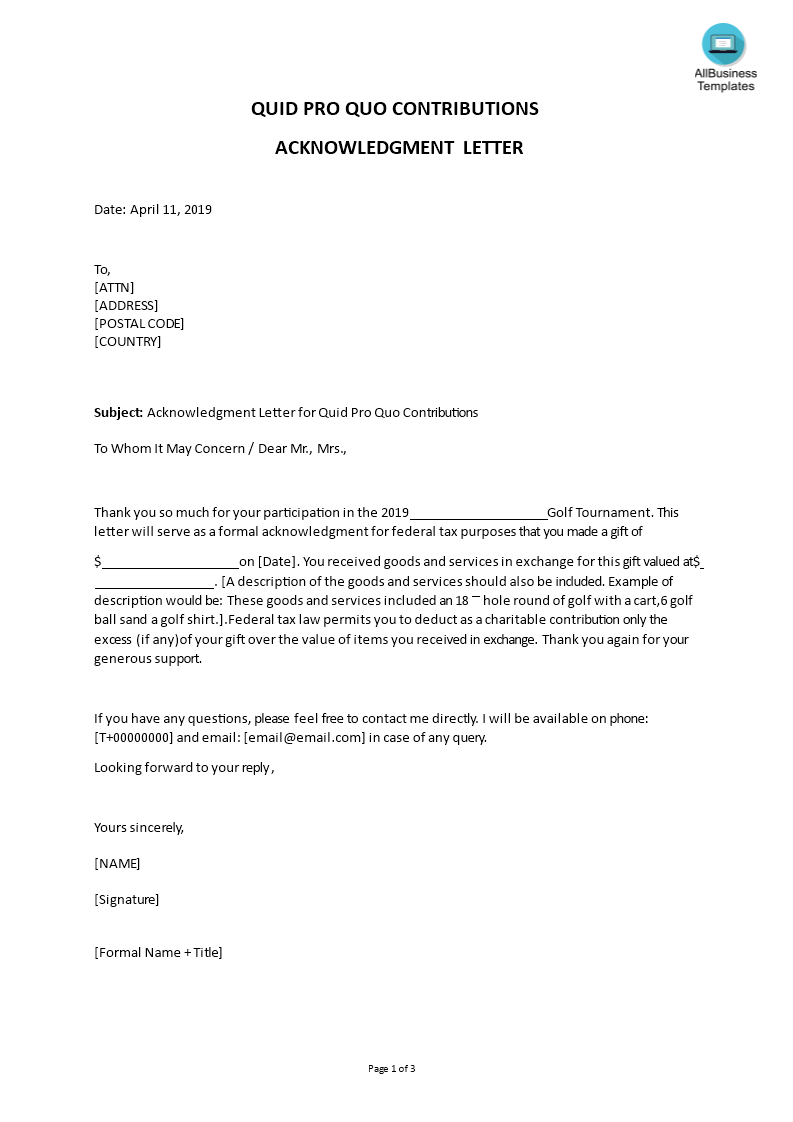 Sample Acknowledgment Letter for Quid Pro Quo Contributions main image