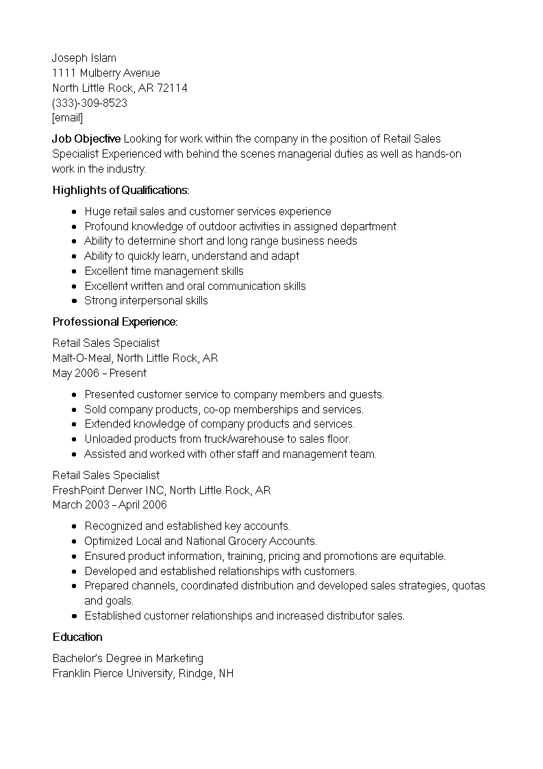 Retail Sales Specialist Resume example main image